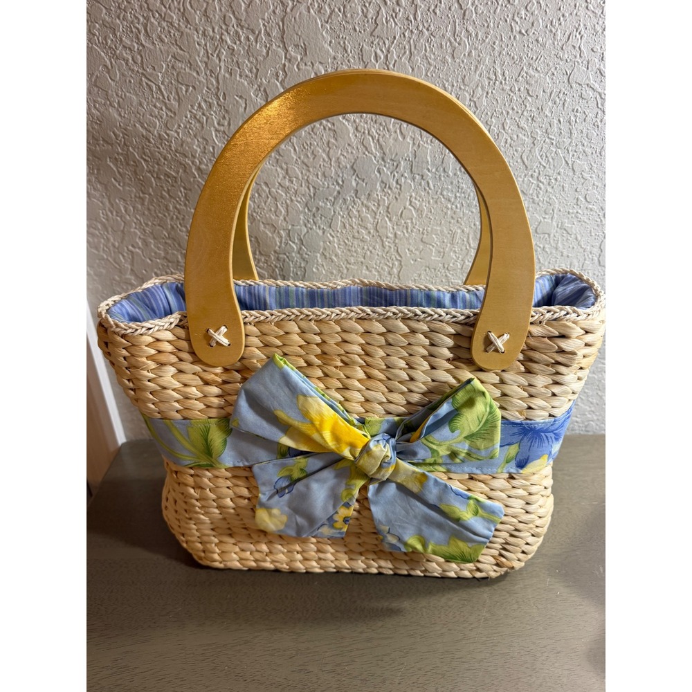April Cornell Straw Tote Bag Woven Wicker Floral Bow Wooden Handle Cottagecore